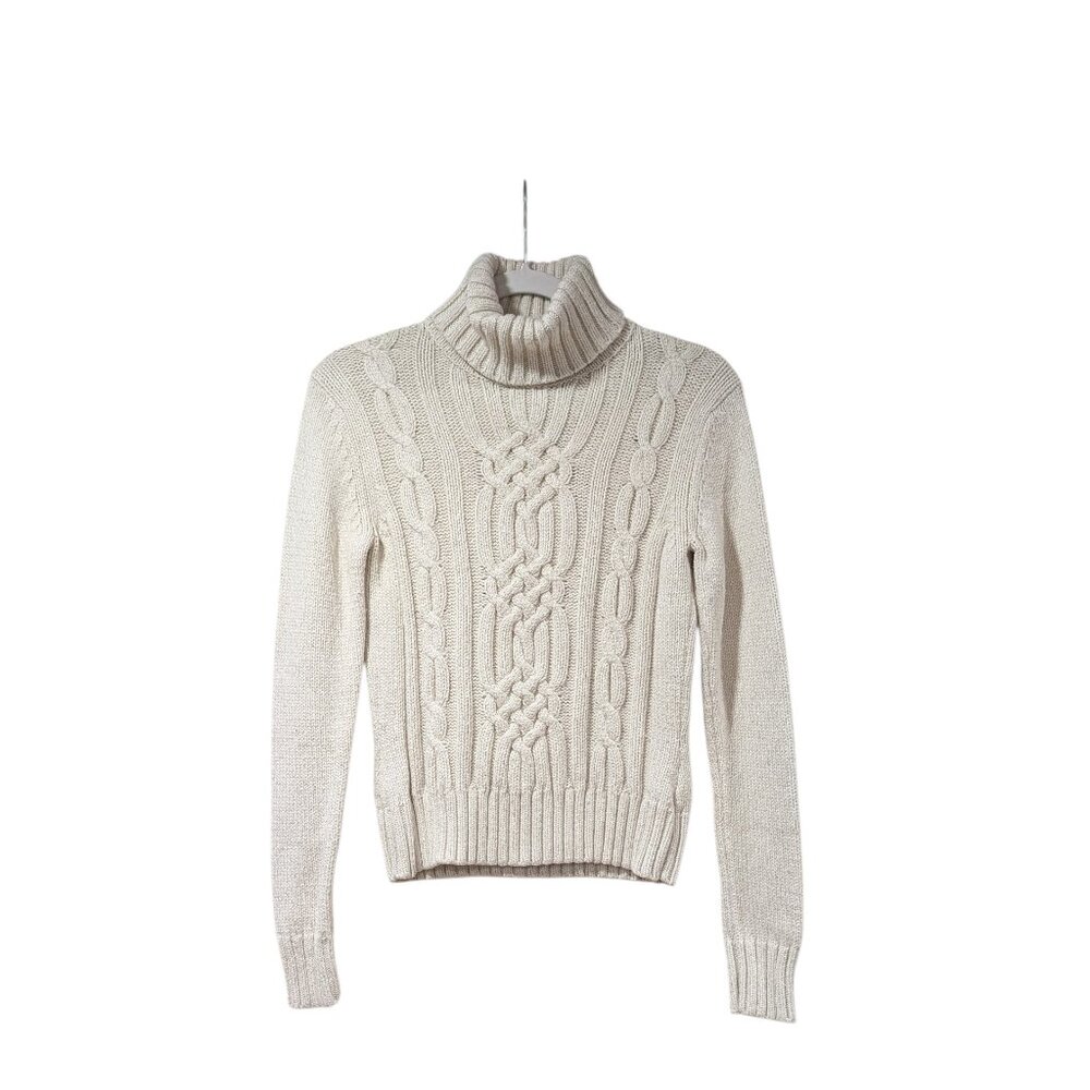 Tommy Hilfiger Cream Cable Knit Chunky Cashmere Turtleneck Casual Sweater Sz S